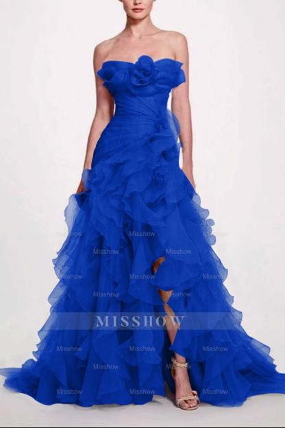 Strapless Sleeveless Long High Split Formal Dress With Pleated