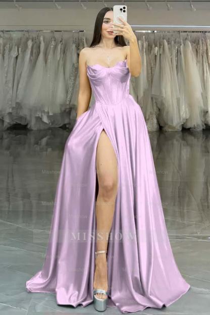 Strapless Sleeveless Long High Split Formal Dress With Pleated