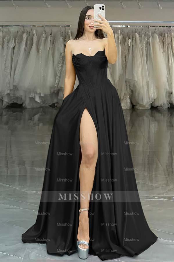 Strapless Sleeveless Long High Split Formal Dress With Pleated