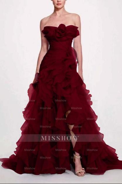 Strapless Sleeveless Long High Split Formal Dress With Pleated
