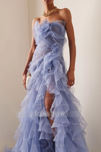 Strapless Sleeveless Long High Split Formal Dress With Pleated