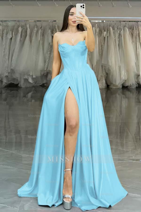 Strapless Sleeveless Long High Split Formal Dress With Pleated