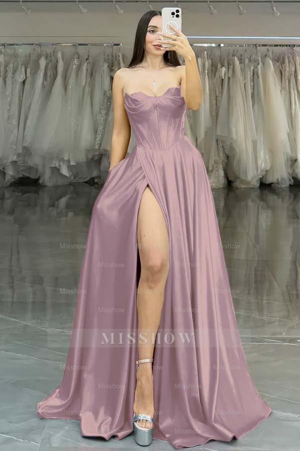 Strapless Sleeveless Long High Split Formal Dress With Pleated