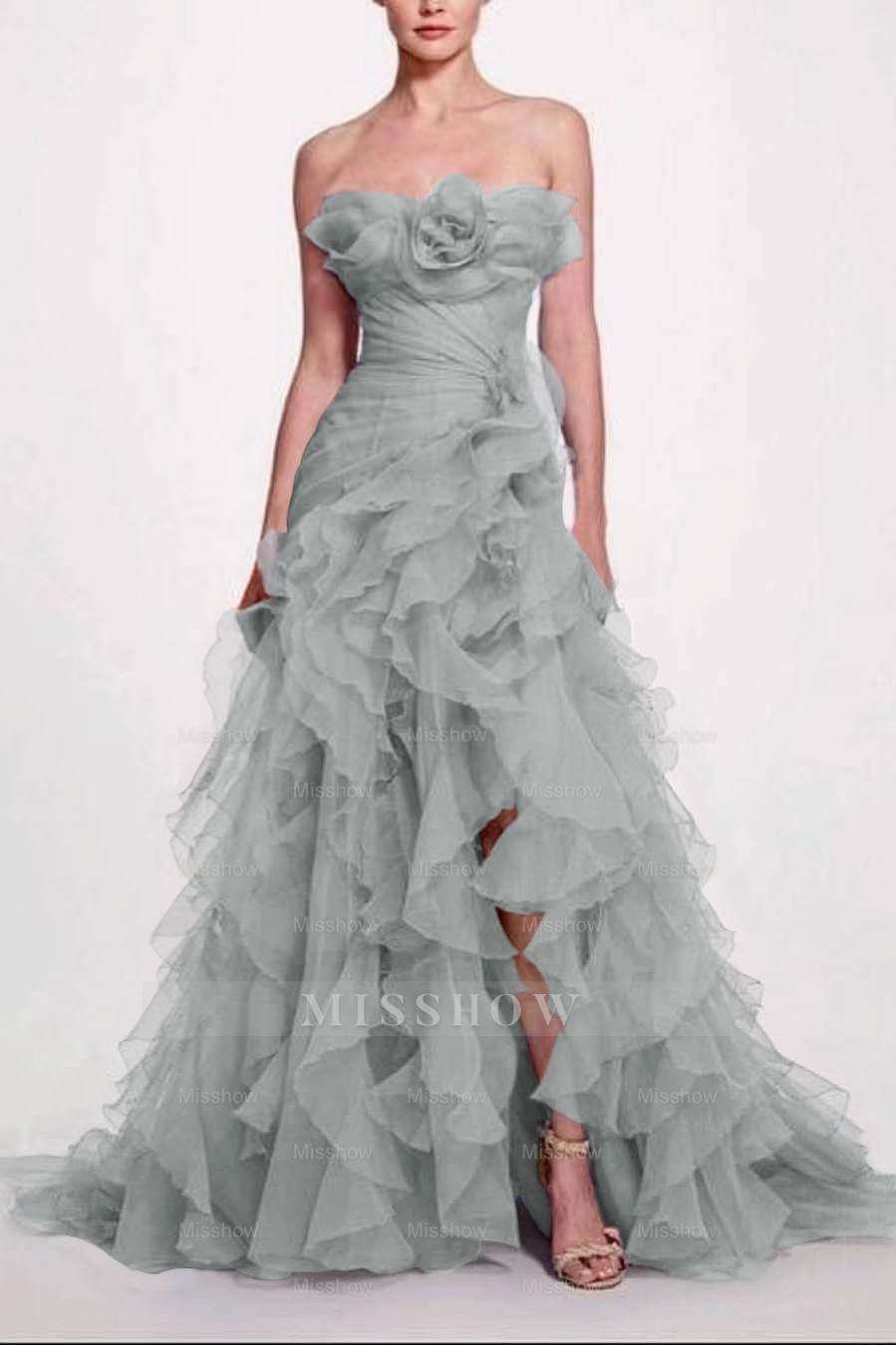 Strapless Sleeveless Long High Split Formal Dress With Pleated