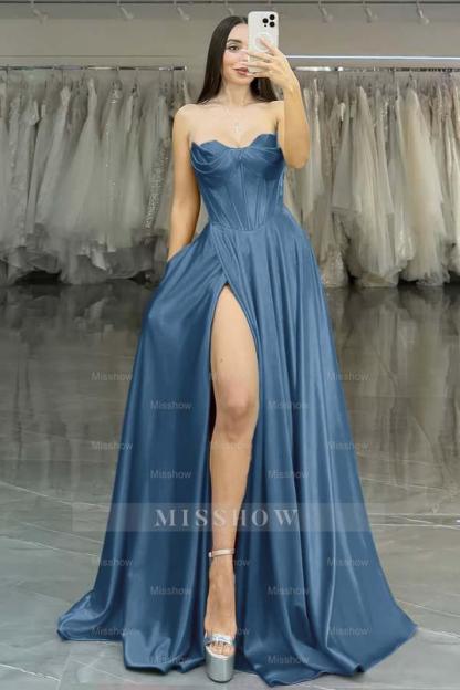 Strapless Sleeveless Long High Split Formal Dress With Pleated