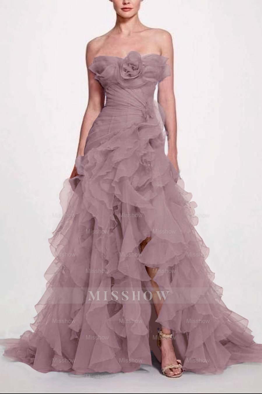 Strapless Sleeveless Long High Split Formal Dress With Pleated