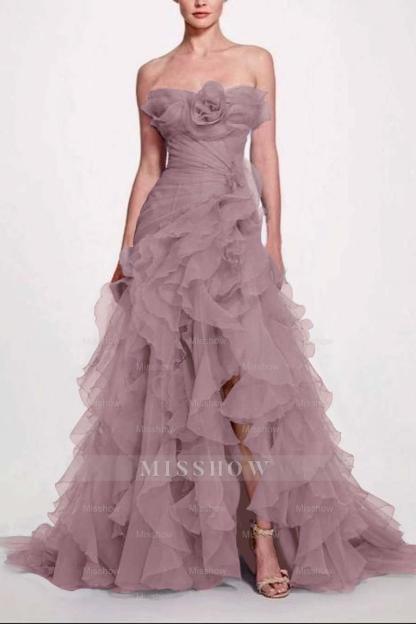 Strapless Sleeveless Long High Split Formal Dress With Pleated