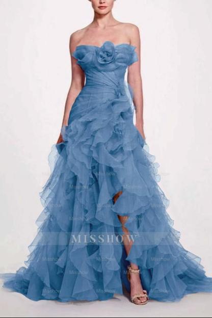 Strapless Sleeveless Long High Split Formal Dress With Pleated