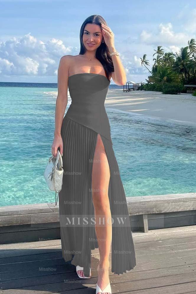 Strapless Sleeveless Long High Split Formal Dress With Ruffles