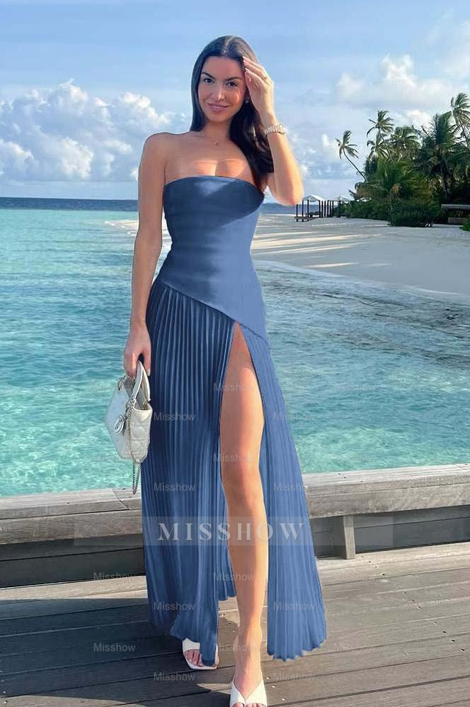 Strapless Sleeveless Long High Split Formal Dress With Ruffles