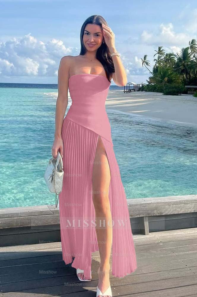 Strapless Sleeveless Long High Split Formal Dress With Ruffles