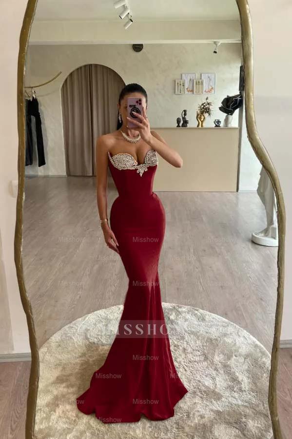 Strapless Sleeveless Long Mermaid Formal Dress With Beading Pleated