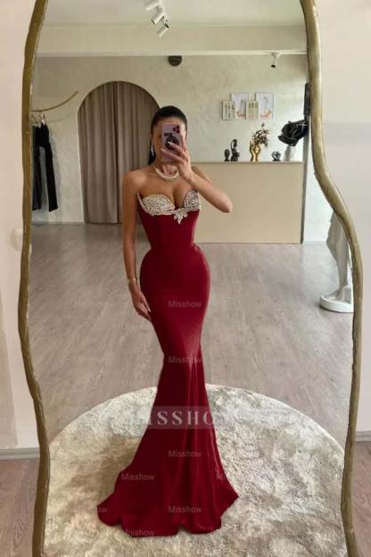 Strapless Sleeveless Long Mermaid Formal Dress With Beading Pleated