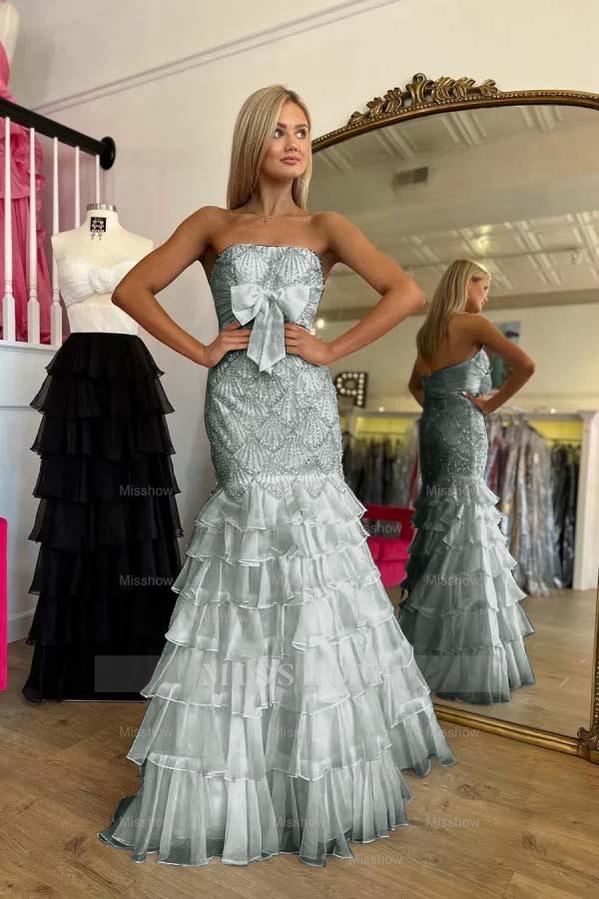 Strapless Sleeveless Long Mermaid Formal Dress With Beading Ruffle