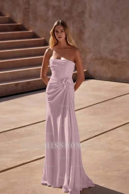Strapless Sleeveless Long Mermaid Formal Dress With Pleated Flower