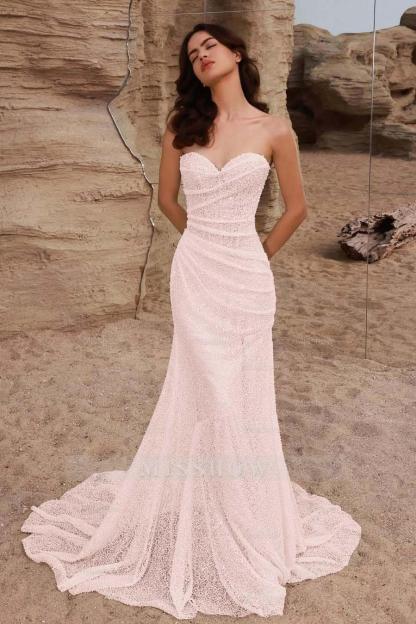 Strapless Sleeveless Long Mermaid Formal Dress With Pleated Sequins