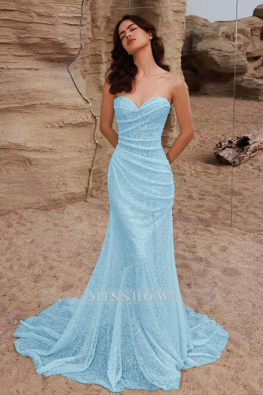 Strapless Sleeveless Long Mermaid Formal Dress With Pleated Sequins