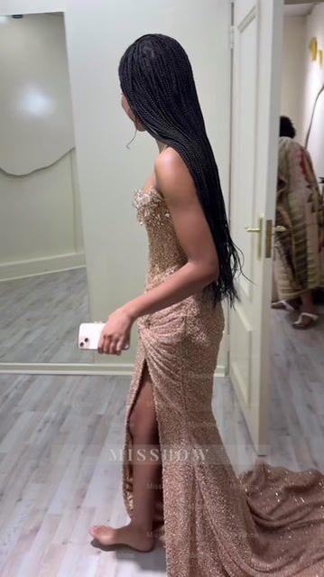 Strapless Sleeveless Long Mermaid Formal Dress With Sequins Split