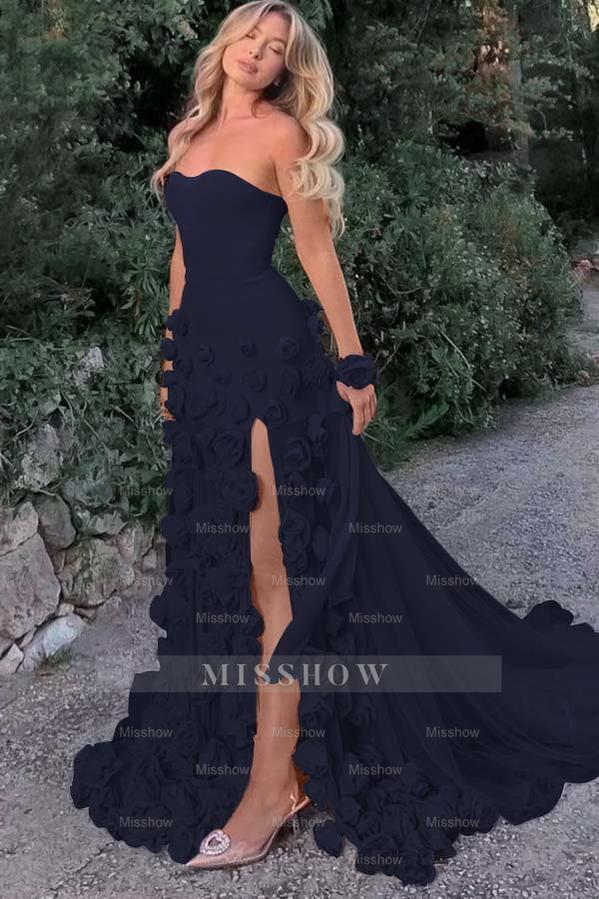 Strapless Sleeveless Long Mermaid Formal Dress With Split Appliques