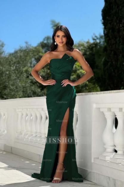 Strapless Sleeveless Long Mermaid Formal Dress With Split Pleated