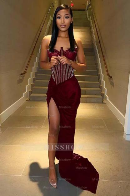 Strapless Sleeveless Long Mermaid Formal Dress With Split Pleated