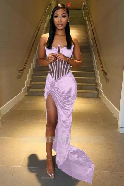 Strapless Sleeveless Long Mermaid Formal Dress With Split Pleated