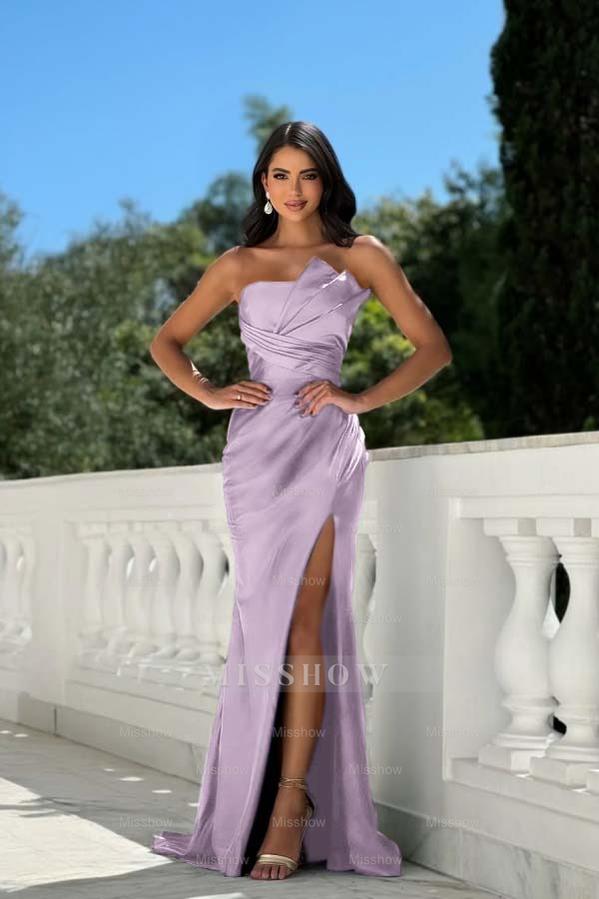 Strapless Sleeveless Long Mermaid Formal Dress With Split Pleated