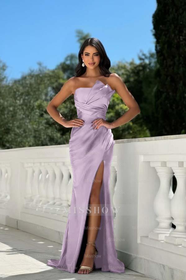 Strapless Sleeveless Long Mermaid Formal Dress With Split Pleated