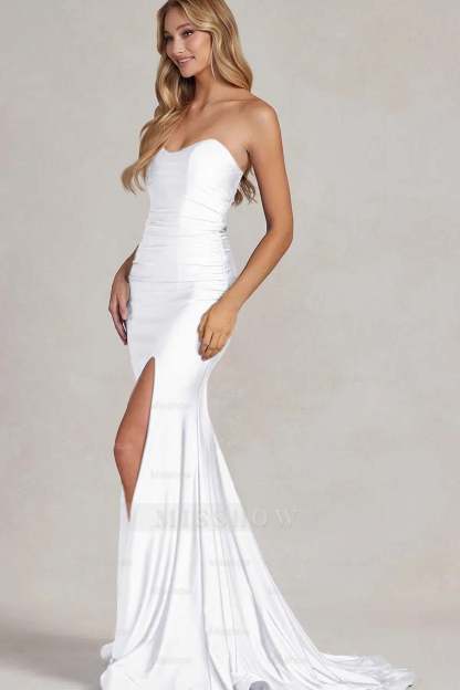 Strapless Sleeveless Long Mermaid Formal Dress With Split Pleated