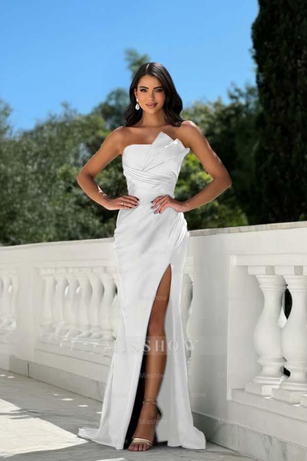 Strapless Sleeveless Long Mermaid Formal Dress With Split Pleated