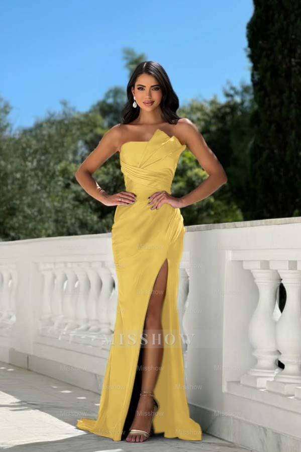 Strapless Sleeveless Long Mermaid Formal Dress With Split Pleated