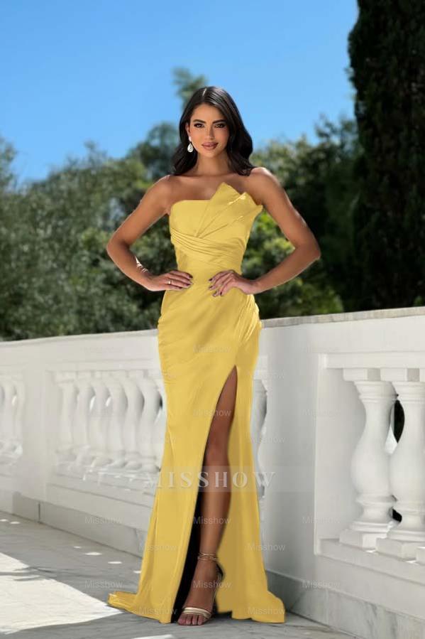 Strapless Sleeveless Long Mermaid Formal Dress With Split Pleated
