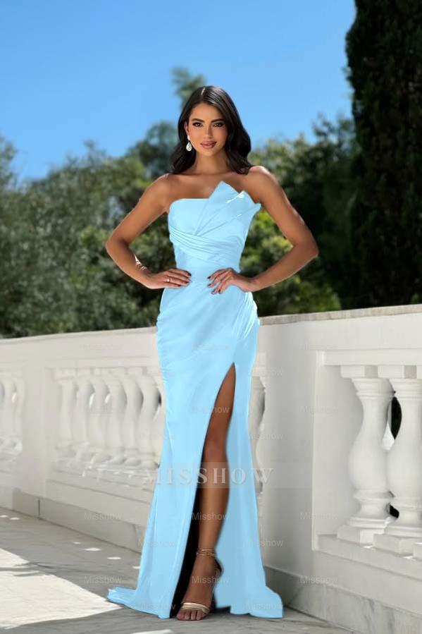 Strapless Sleeveless Long Mermaid Formal Dress With Split Pleated