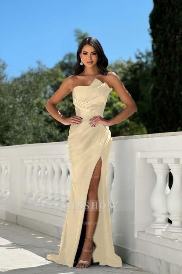 Strapless Sleeveless Long Mermaid Formal Dress With Split Pleated