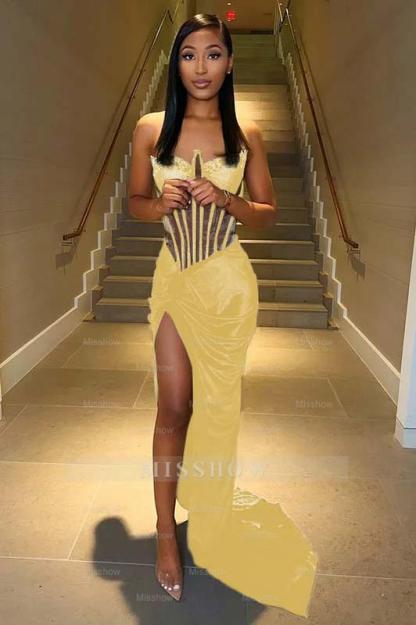 Strapless Sleeveless Long Mermaid Formal Dress With Split Pleated