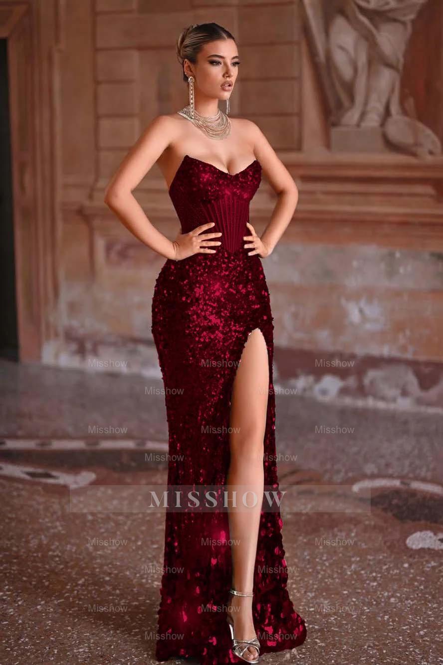 Strapless Sleeveless Long Mermaid Formal Dress With Split Sequins
