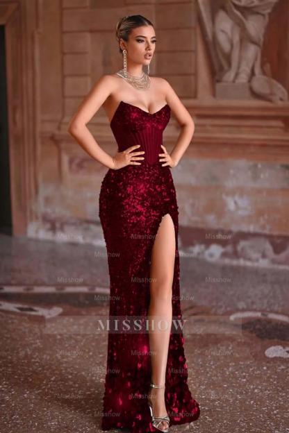 Strapless Sleeveless Long Mermaid Formal Dress With Split Sequins