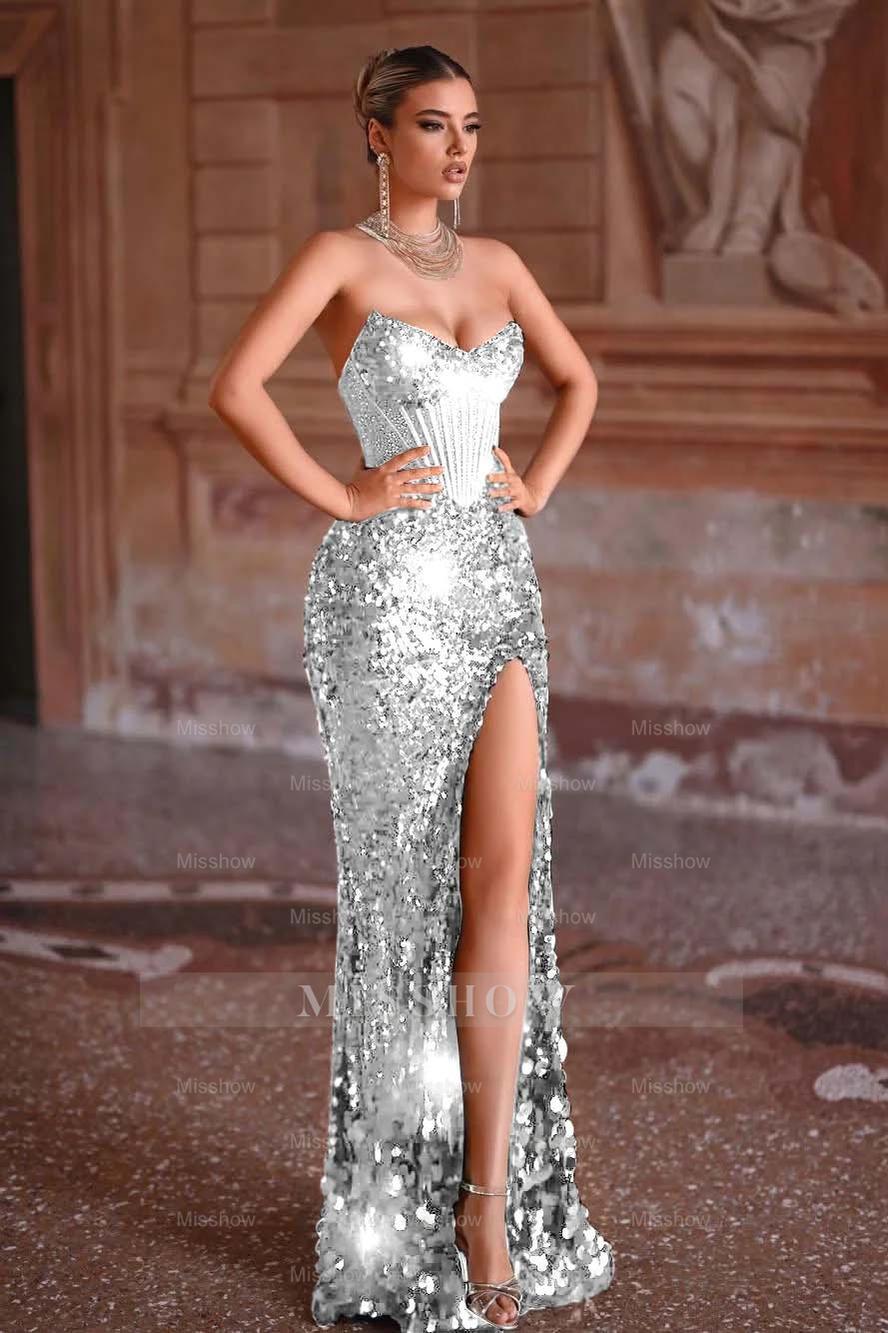 Strapless Sleeveless Long Mermaid Formal Dress With Split Sequins