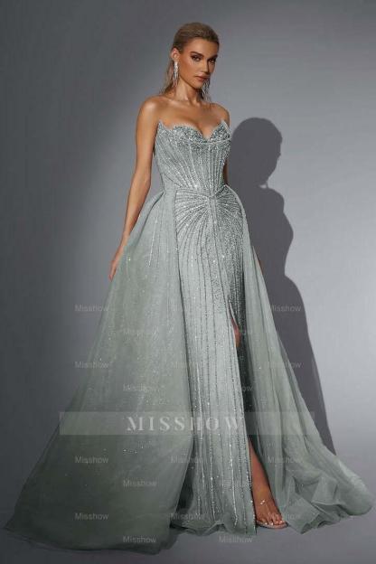 Strapless Sleeveless Long Mermaid Formal Dress With Split Sequins