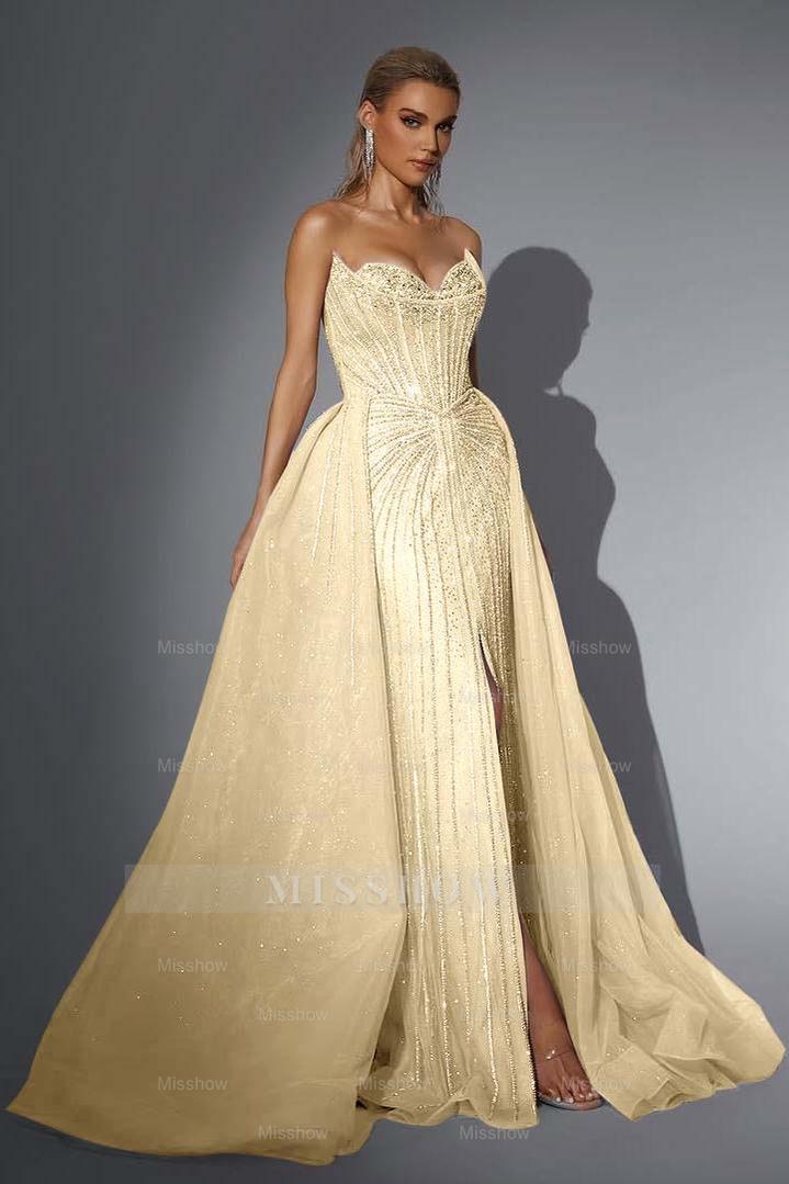 Strapless Sleeveless Long Mermaid Formal Dress With Split Sequins