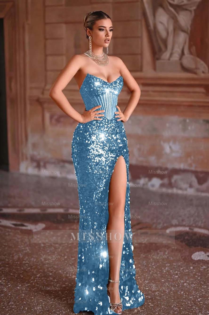 Strapless Sleeveless Long Mermaid Formal Dress With Split Sequins