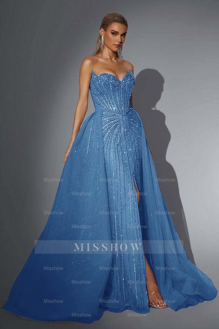 Strapless Sleeveless Long Mermaid Formal Dress With Split Sequins