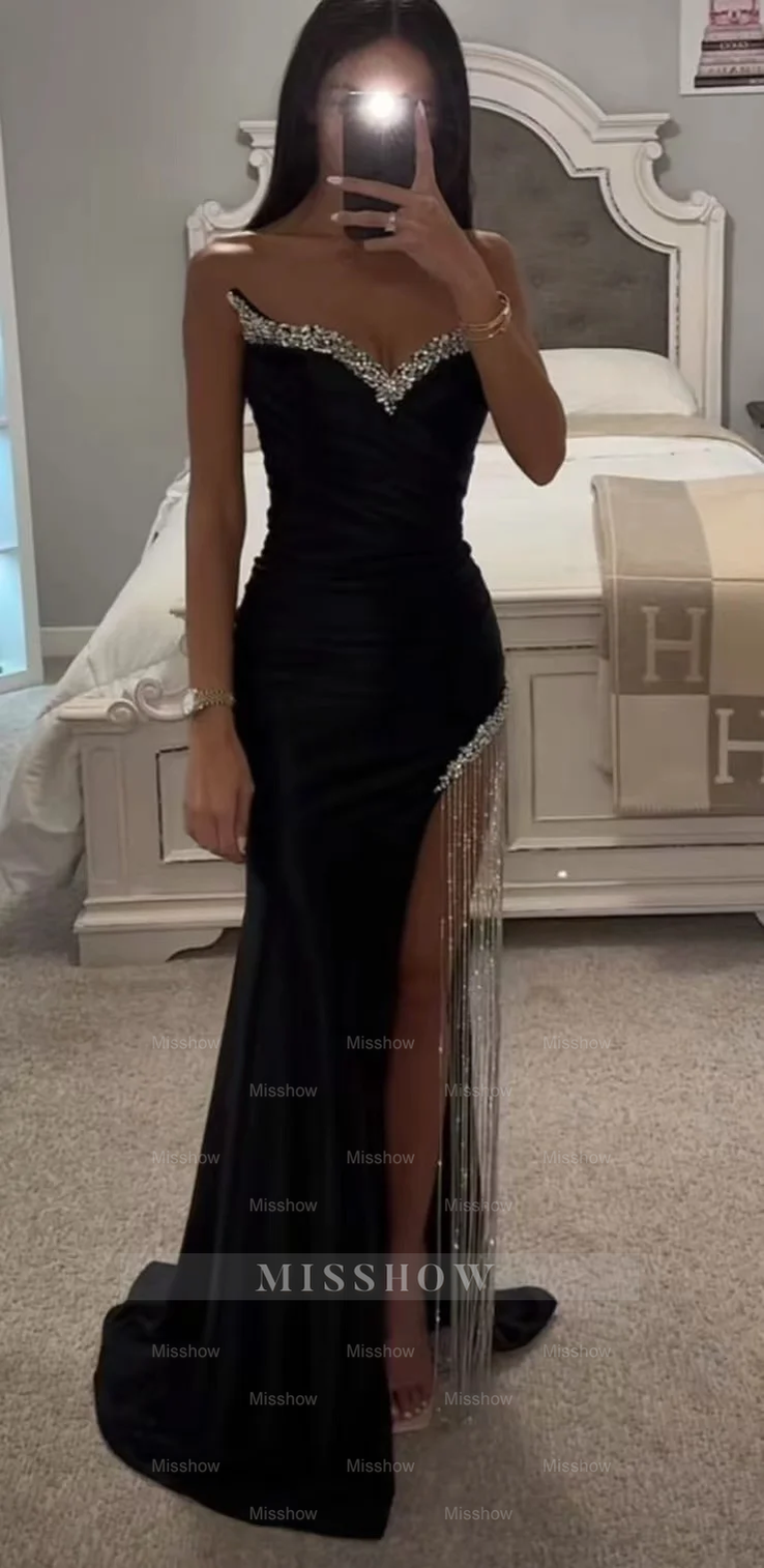 Strapless Sleeveless Long Mermaid Formal Dress With Split Tassel Beading