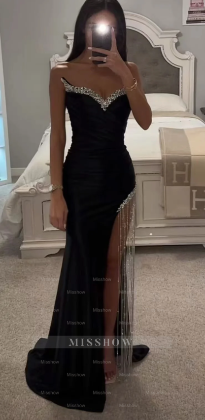 Strapless Sleeveless Long Mermaid Formal Dress With Split Tassel Beading