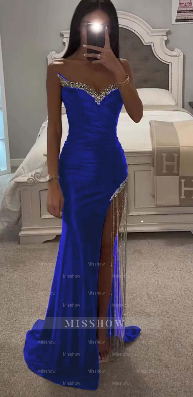 Strapless Sleeveless Long Mermaid Formal Dress With Split Tassel Beading