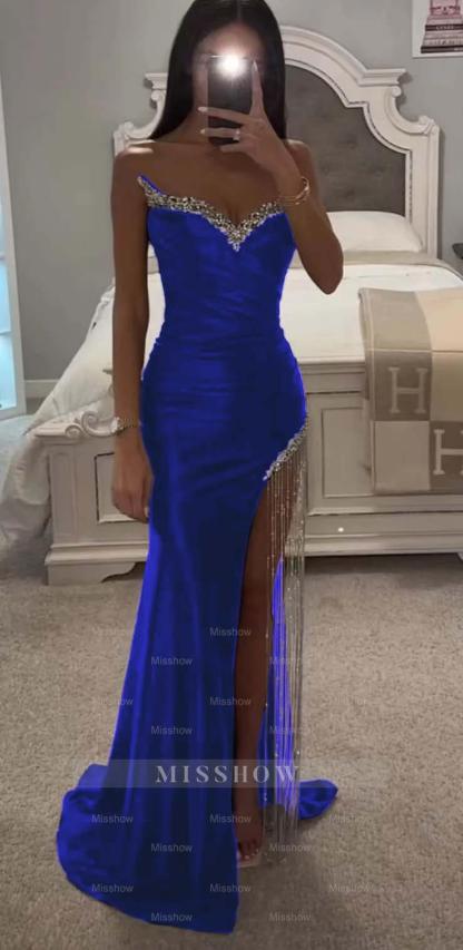 Strapless Sleeveless Long Mermaid Formal Dress With Split Tassel Beading