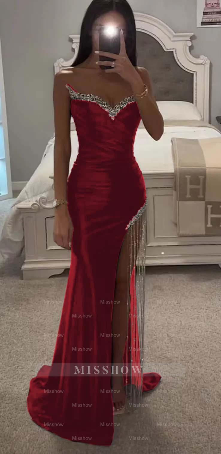 Strapless Sleeveless Long Mermaid Formal Dress With Split Tassel Beading