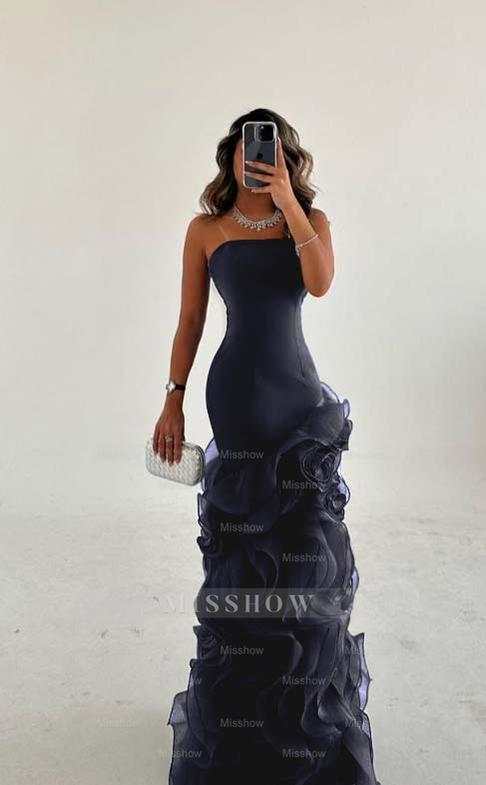 Strapless Sleeveless Long Mermaid Formal Dress With Tulle Ruffles