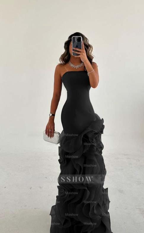 Strapless Sleeveless Long Mermaid Formal Dress With Tulle Ruffles