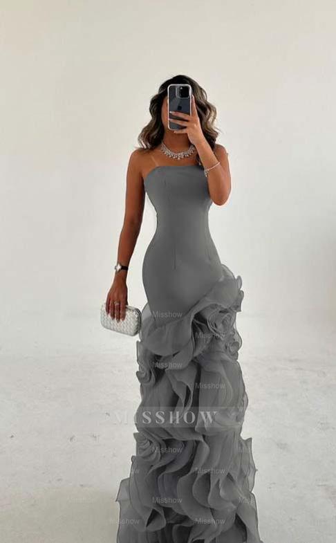 Strapless Sleeveless Long Mermaid Formal Dress With Tulle Ruffles
